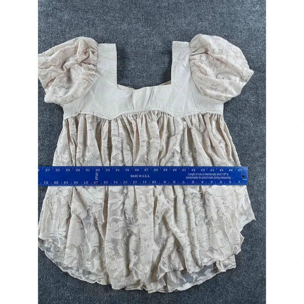 Free People Cream Floral Lace Babydoll Top Puff Sleeve Square Neck Small